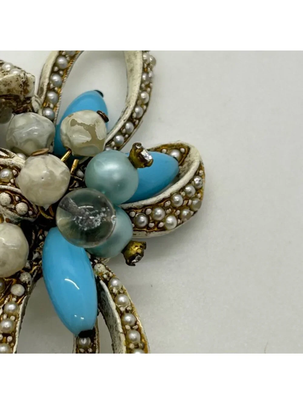 Vintage Coro Pin Brooch With Faux Pearls Faux Turquoise Beads, Floral Bow READ